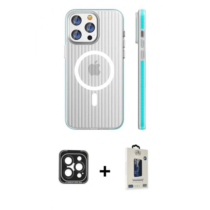 MARSİLYAN™- iPhone 15 Pro Max Kılıf Pusula Minimal Koleksiyonu - Siyah Bilvis Hayalet Cam Ekran Koruyucu + PVD Metal Kamera Lens - SH