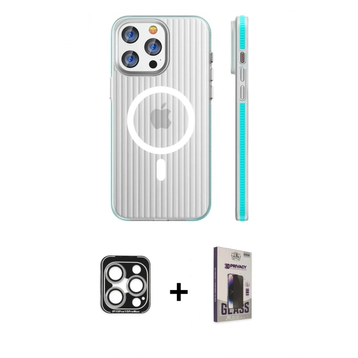 MARSİLYAN™- iPhone 15 Pro Max Kılıf Pusula Minimal Koleksiyonu - Siyah Bilvis Hayalet Cam Ekran Koruyucu + PVD Metal Kamera Lens - GS