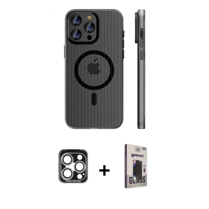 MARSİLYAN™- iPhone 15 Pro Max Kılıf Pusula Minimal Koleksiyonu - Siyah Bilvis Hayalet Cam Ekran Koruyucu + PVD Metal Kamera Lens - GS