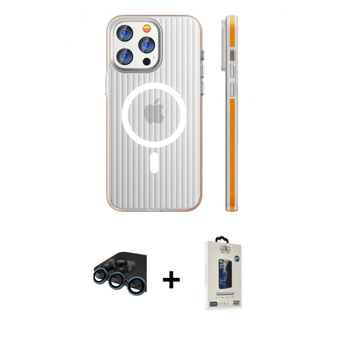 MARSİLYAN™- iPhone 15 Pro Max Kılıf Pusula Minimal Koleksiyonu - Siyah Bilvis Hayalet Cam Ekran Koruyucu + Raze Metal Kamera Lens - LT
