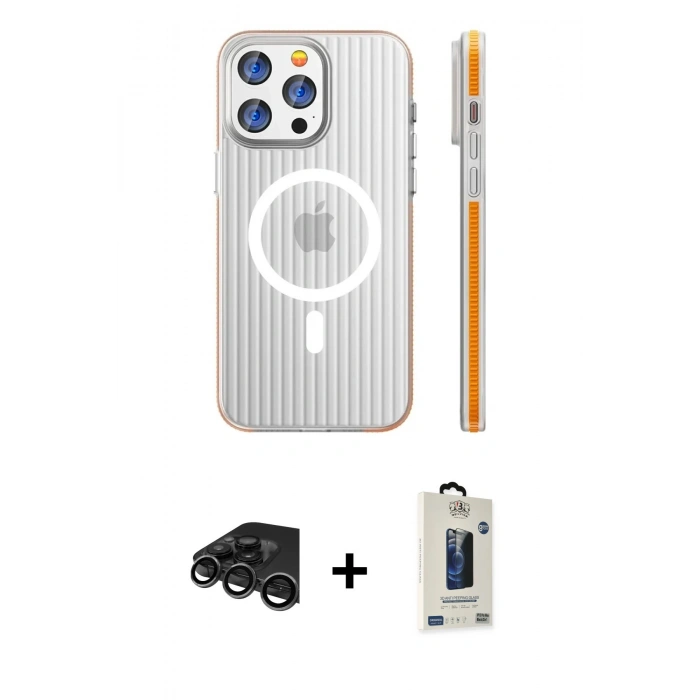 MARSİLYAN™- iPhone 15 Pro Max Kılıf Pusula Minimal Koleksiyonu - Siyah Bilvis Hayalet Cam Ekran Koruyucu + Raze Metal Kamera Lens - TMGI