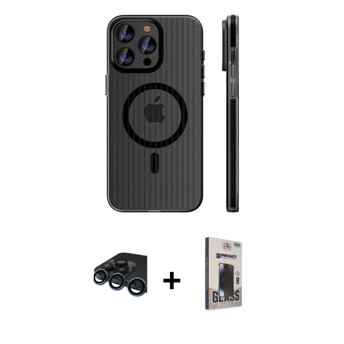 MARSİLYAN™- iPhone 15 Pro Max Kılıf Pusula Minimal Koleksiyonu - Siyah Bilvis Hayalet Cam Ekran Koruyucu + Raze Metal Kamera Lens - LT