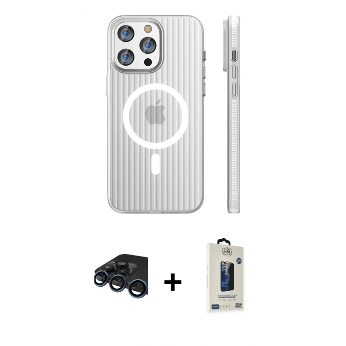 MARSİLYAN™- iPhone 15 Pro Max Kılıf Pusula Minimal Koleksiyonu - Siyah Bilvis Hayalet Cam Ekran Koruyucu + Raze Metal Kamera Lens - LT