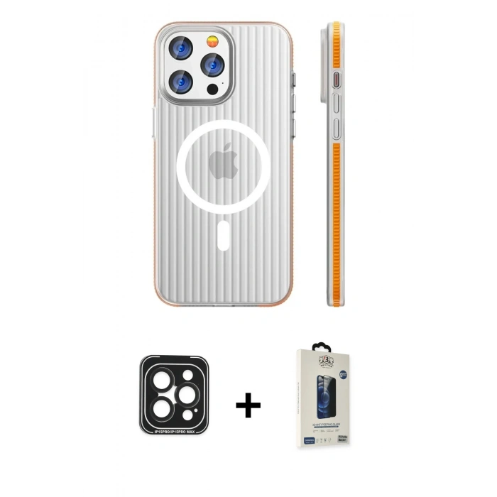 MARSİLYAN™- iPhone 15 Pro Max Kılıf Pusula Minimal Koleksiyonu - Siyah Bilvis Hayalet Cam Ekran Koruyucu + PVD Metal Kamera Lens - SH