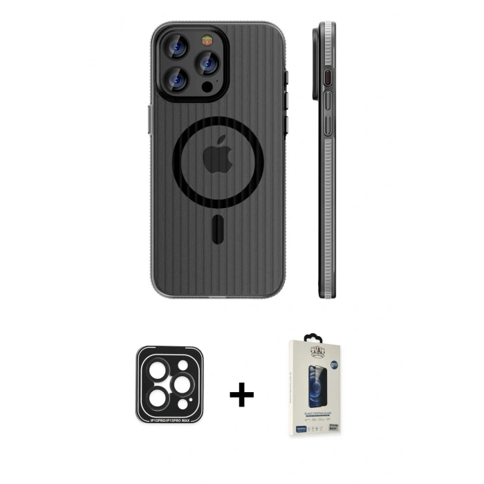 MARSİLYAN™- iPhone 15 Pro Max Kılıf Pusula Minimal Koleksiyonu - Siyah Bilvis Hayalet Cam Ekran Koruyucu + PVD Metal Kamera Lens - SH