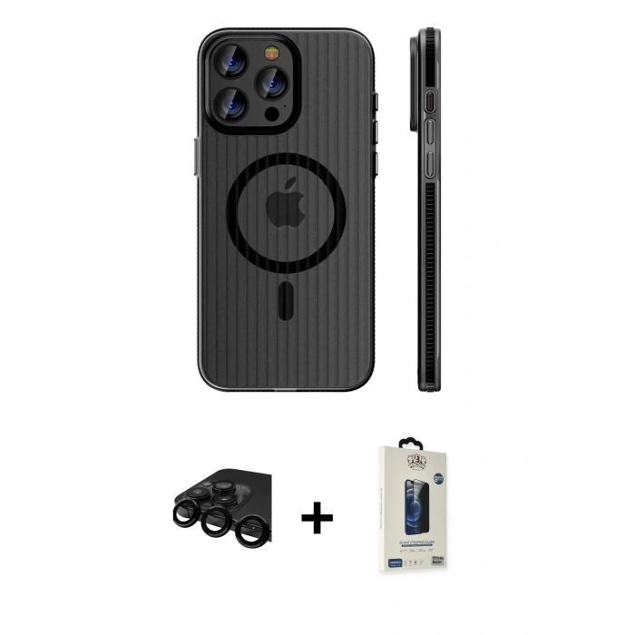 MARSİLYAN™- iPhone 15 Pro Max Kılıf Pusula Minimal Koleksiyonu - Siyah Bilvis Hayalet Cam Ekran Koruyucu + Siyah Raze Metal Kamera Lens