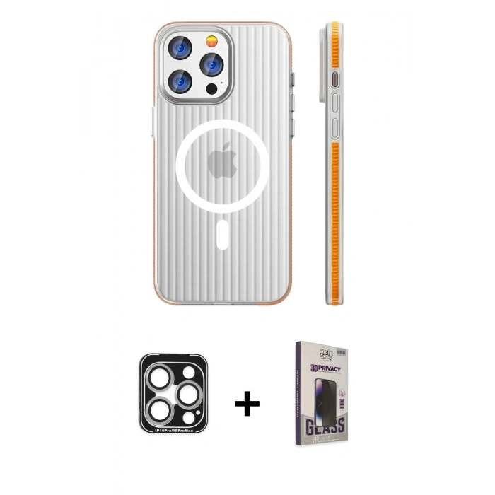 MARSİLYAN™- iPhone 15 Pro Max Kılıf Pusula Minimal Koleksiyonu - Siyah Bilvis Hayalet Cam Ekran Koruyucu + PVD Metal Kamera Lens - GS