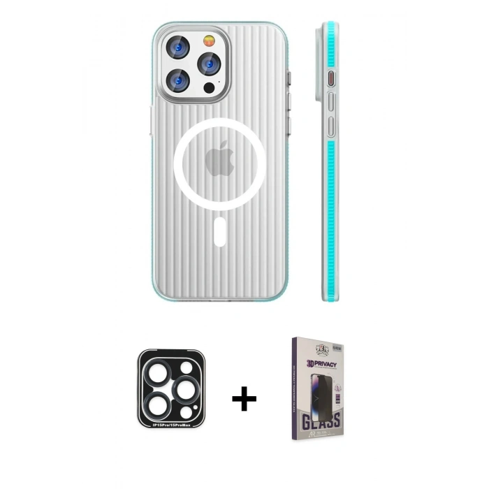 MARSİLYAN™- iPhone 15 Pro Max Kılıf Pusula Minimal Koleksiyonu - Siyah Bilvis Hayalet Cam Ekran Koruyucu + PVD Metal Kamera Lens - LT