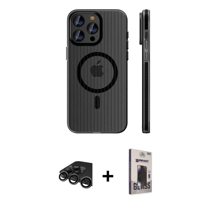MARSİLYAN™- iPhone 15 Pro Max Kılıf Pusula Minimal Koleksiyonu - Siyah Bilvis Hayalet Cam Ekran Koruyucu + Raze Metal Kamera Lens - TMGI