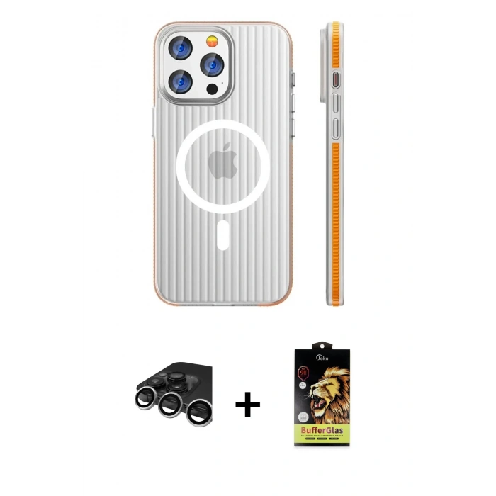 MARSİLYAN™- iPhone 15 Pro Max Kılıf Pusula Minimal Koleksiyonu - Siyah Buffer Cam Ekran Koruyucu + Raze Metal Kamera Lens - GS