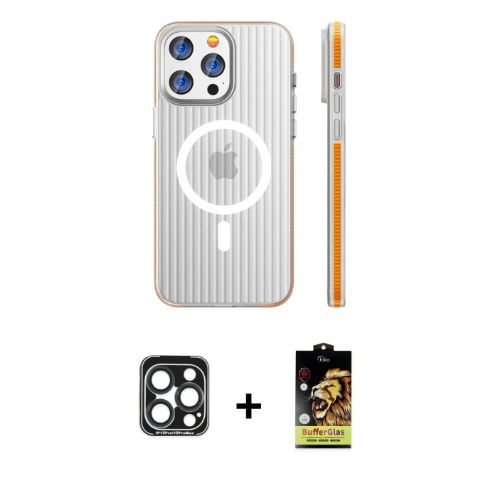 MARSİLYAN™- iPhone 15 Pro Max Kılıf Pusula Minimal Koleksiyonu - Siyah Buffer Cam Ekran Koruyucu + PVD Metal Kamera Lens - LT