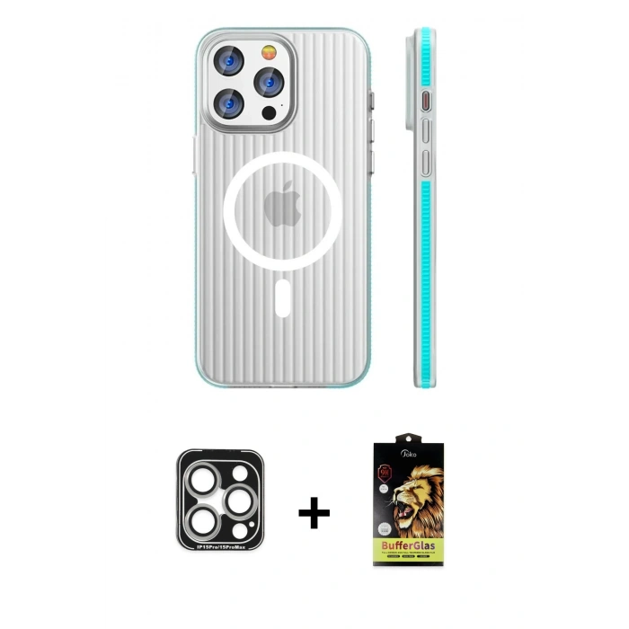 MARSİLYAN™- iPhone 15 Pro Max Kılıf Pusula Minimal Koleksiyonu - Siyah Buffer Cam Ekran Koruyucu + PVD Metal Kamera Lens - GS