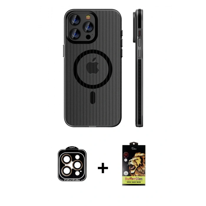 MARSİLYAN™- iPhone 15 Pro Max Kılıf Pusula Minimal Koleksiyonu - Siyah Buffer Cam Ekran Koruyucu + PVD Metal Kamera Lens - TU