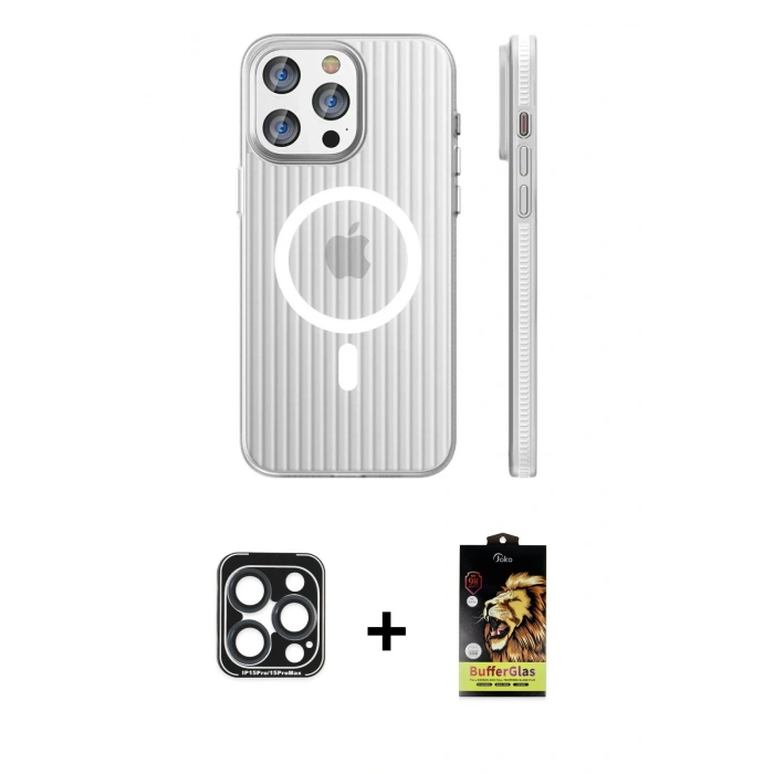 MARSİLYAN™- iPhone 15 Pro Max Kılıf Pusula Minimal Koleksiyonu - Siyah Buffer Cam Ekran Koruyucu + PVD Metal Kamera Lens - LT