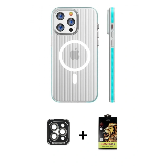 MARSİLYAN™- iPhone 15 Pro Max Kılıf Pusula Minimal Koleksiyonu - Siyah Buffer Cam Ekran Koruyucu + PVD Metal Kamera Lens - GI