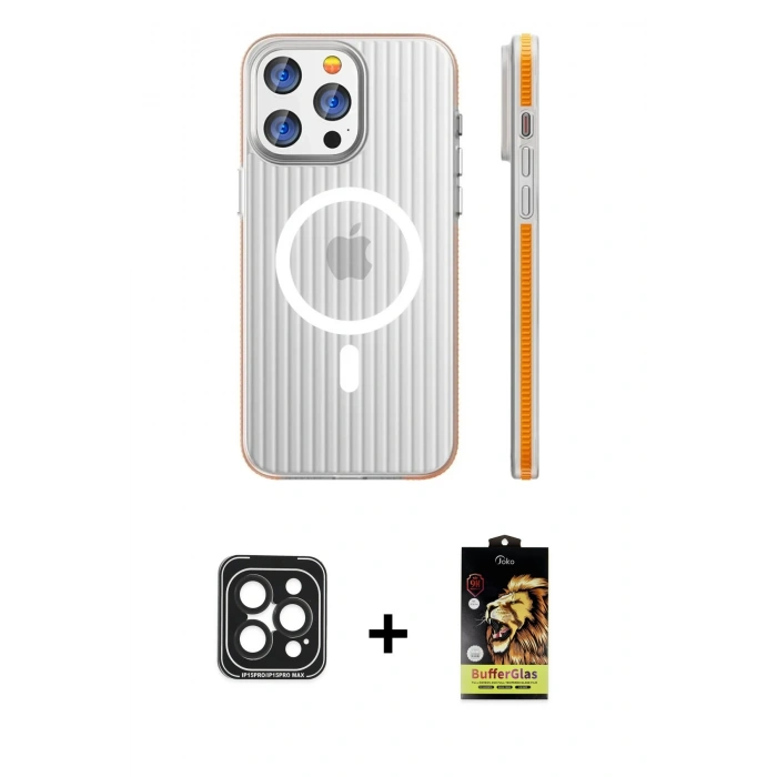 MARSİLYAN™- iPhone 15 Pro Max Kılıf Pusula Minimal Koleksiyonu - Siyah Buffer Cam Ekran Koruyucu + PVD Metal Kamera Lens - SH