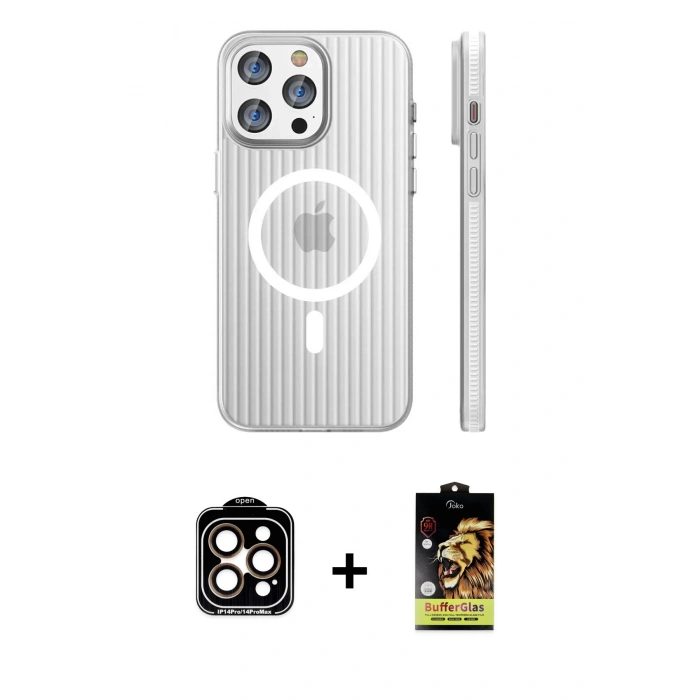 MARSİLYAN™- iPhone 15 Pro Max Kılıf Pusula Minimal Koleksiyonu - Siyah Buffer Cam Ekran Koruyucu + PVD Metal Kamera Lens - TU