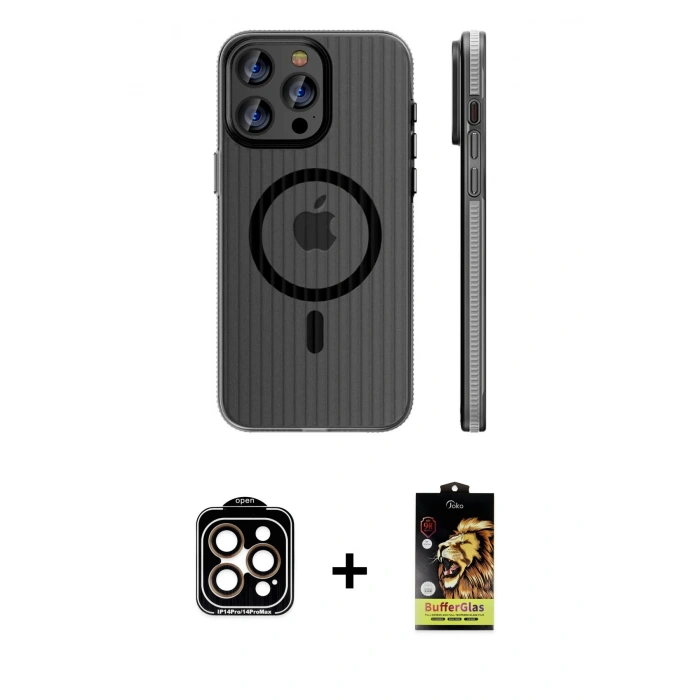 MARSİLYAN™- iPhone 15 Pro Max Kılıf Pusula Minimal Koleksiyonu - Siyah Buffer Cam Ekran Koruyucu + PVD Metal Kamera Lens - TU