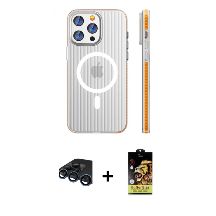 MARSİLYAN™- iPhone 15 Pro Max Kılıf Pusula Minimal Koleksiyonu - Siyah Buffer Cam Ekran Koruyucu + Raze Metal Kamera Lens - LT