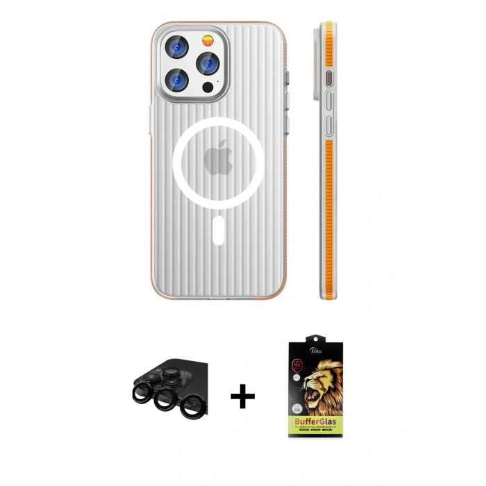 MARSİLYAN™- iPhone 15 Pro Max Kılıf Pusula Minimal Koleksiyonu - Siyah Buffer Cam Ekran Koruyucu + Siyah Raze Metal Kamera Lens