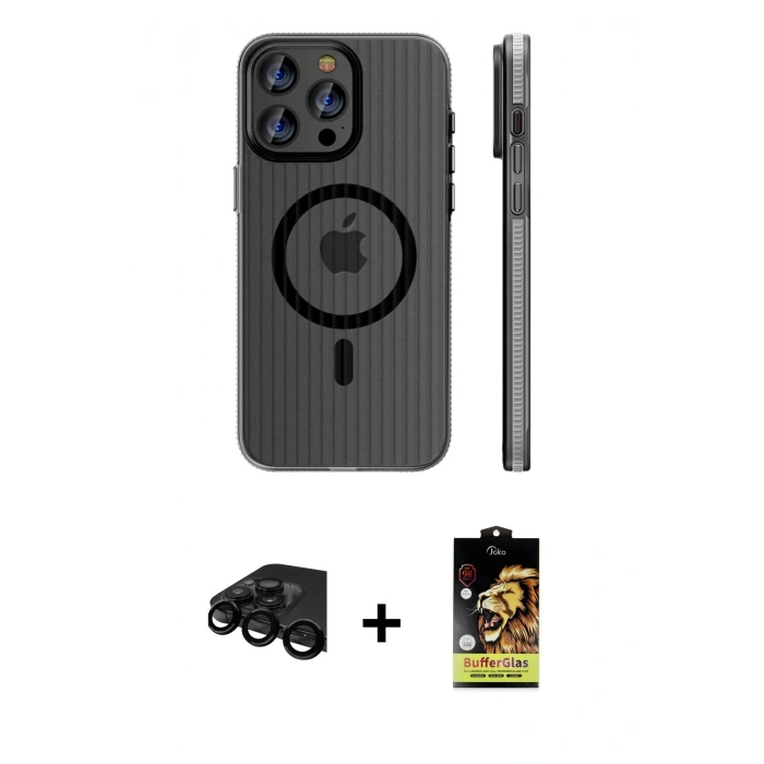 MARSİLYAN™- iPhone 15 Pro Max Kılıf Pusula Minimal Koleksiyonu - Siyah Buffer Cam Ekran Koruyucu + Siyah Raze Metal Kamera Lens