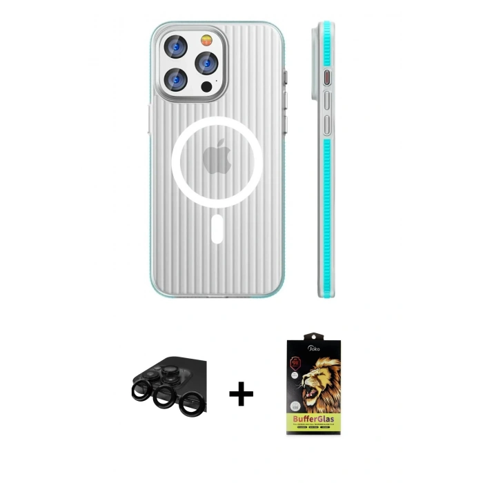 MARSİLYAN™- iPhone 15 Pro Max Kılıf Pusula Minimal Koleksiyonu - Siyah Buffer Cam Ekran Koruyucu + Siyah Raze Metal Kamera Lens
