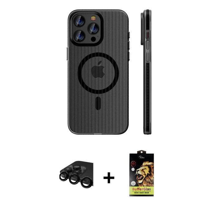 MARSİLYAN™- iPhone 15 Pro Max Kılıf Pusula Minimal Koleksiyonu - Siyah Buffer Cam Ekran Koruyucu + Siyah Raze Metal Kamera Lens