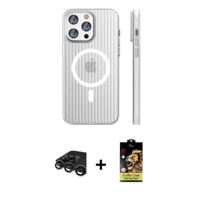 MARSİLYAN™- iPhone 15 Pro Max Kılıf Pusula Minimal Koleksiyonu - Siyah Buffer Cam Ekran Koruyucu + Raze Metal Kamera Lens - TMGI