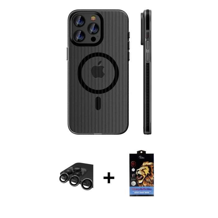 MARSİLYAN™- iPhone 15 Pro Max Kılıf Pusula Minimal Koleksiyonu - Siyah Buffer Hayalet Cam Ekran Koruyucu + Raze Metal Kamera Lens - TMGI