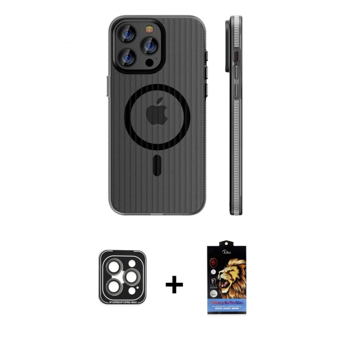 MARSİLYAN™- iPhone 15 Pro Max Kılıf Pusula Minimal Koleksiyonu - Siyah Buffer Hayalet Cam Ekran Koruyucu + Gri PVD Metal Kamera Lens