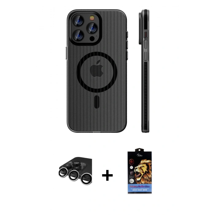 MARSİLYAN™- iPhone 15 Pro Max Kılıf Pusula Minimal Koleksiyonu - Siyah Buffer Hayalet Cam Ekran Koruyucu + Raze Metal Kamera Lens - GS