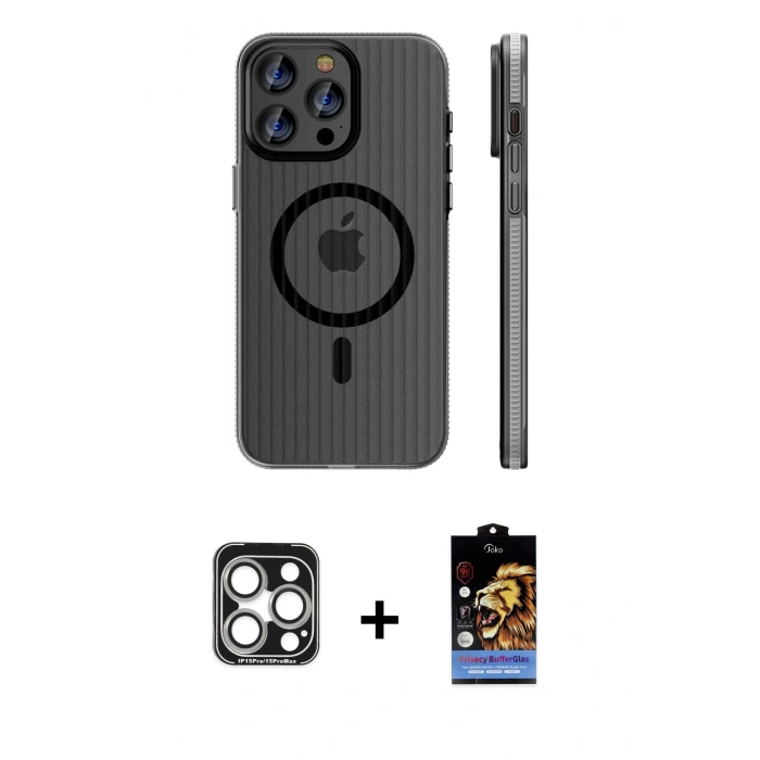 MARSİLYAN™- iPhone 15 Pro Max Kılıf Pusula Minimal Koleksiyonu - Siyah Buffer Hayalet Cam Ekran Koruyucu + PVD Metal Kamera Lens - GS