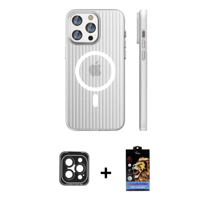 MARSİLYAN™- iPhone 15 Pro Max Kılıf Pusula Minimal Koleksiyonu - Siyah Buffer Hayalet Cam Ekran Koruyucu + PVD Metal Kamera Lens - SH