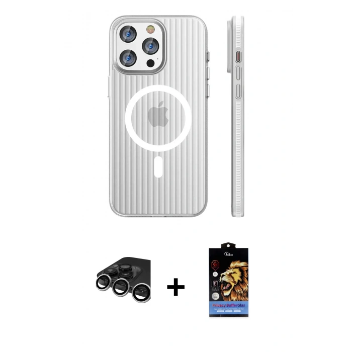 MARSİLYAN™- iPhone 15 Pro Max Kılıf Pusula Minimal Koleksiyonu - Siyah Buffer Hayalet Cam Ekran Koruyucu + Raze Metal Kamera Lens - GS