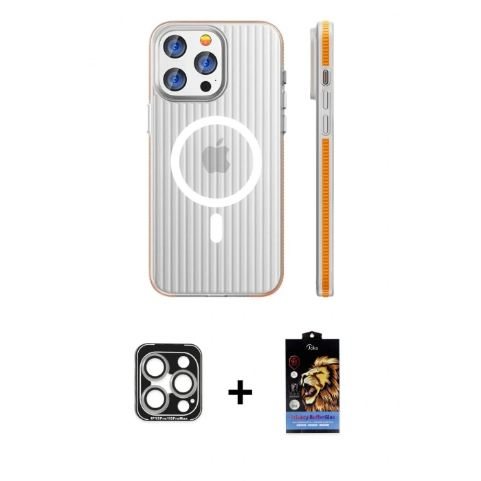 MARSİLYAN™- iPhone 15 Pro Max Kılıf Pusula Minimal Koleksiyonu - Siyah Buffer Hayalet Cam Ekran Koruyucu + PVD Metal Kamera Lens - GS