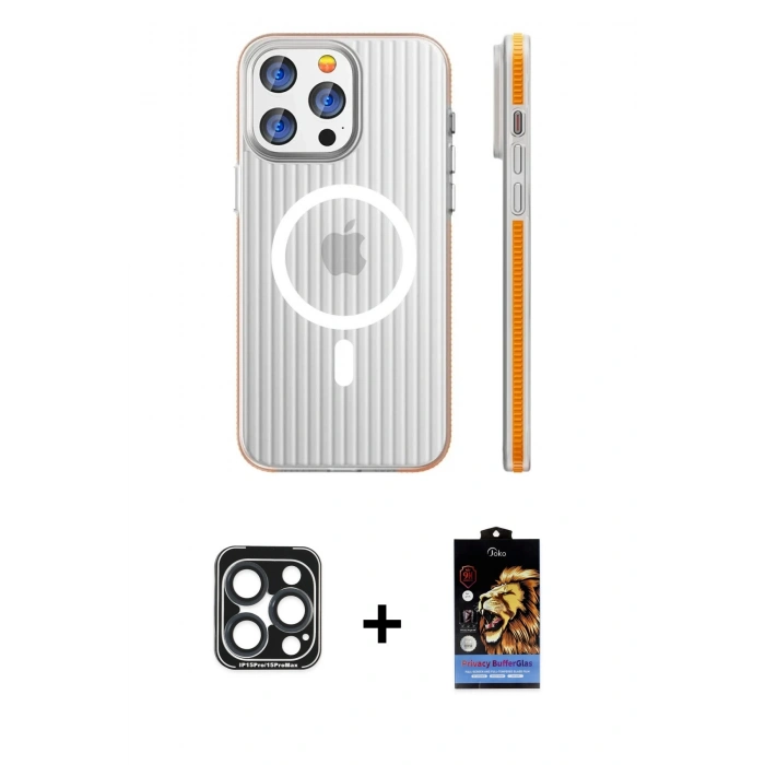 MARSİLYAN™- iPhone 15 Pro Max Kılıf Pusula Minimal Koleksiyonu - Siyah Buffer Hayalet Cam Ekran Koruyucu + PVD Metal Kamera Lens - LT