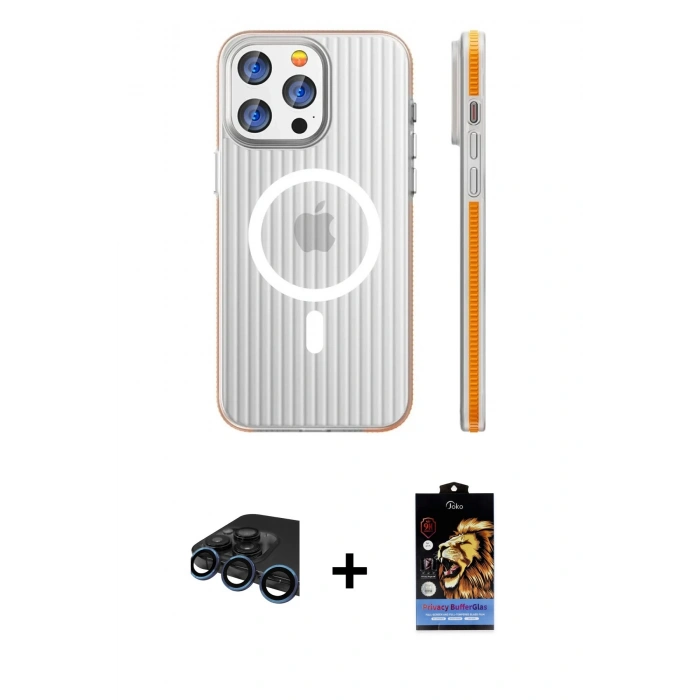 MARSİLYAN™- iPhone 15 Pro Max Kılıf Pusula Minimal Koleksiyonu - Siyah Buffer Hayalet Cam Ekran Koruyucu + Lacivert Raze Metal Kamera Lens