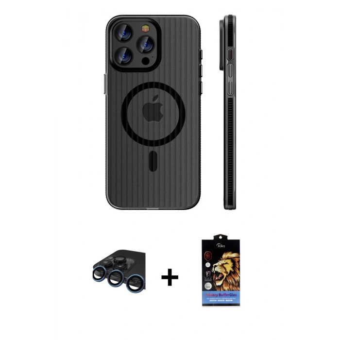 MARSİLYAN™- iPhone 15 Pro Max Kılıf Pusula Minimal Koleksiyonu - Siyah Buffer Hayalet Cam Ekran Koruyucu + Lacivert Raze Metal Kamera Lens