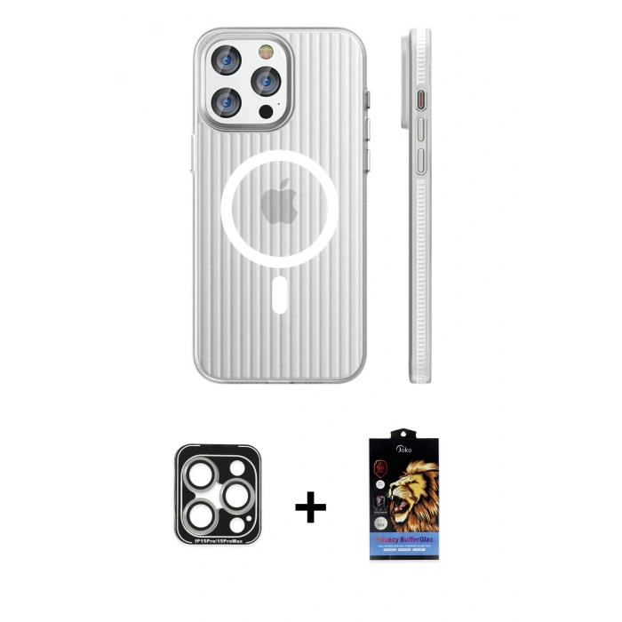 MARSİLYAN™- iPhone 15 Pro Max Kılıf Pusula Minimal Koleksiyonu - Siyah Buffer Hayalet Cam Ekran Koruyucu + PVD Metal Kamera Lens - GS