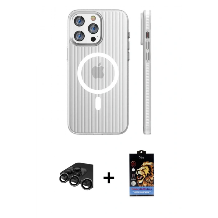 MARSİLYAN™- iPhone 15 Pro Max Kılıf Pusula Minimal Koleksiyonu - Siyah Buffer Hayalet Cam Ekran Koruyucu + Raze Metal Kamera Lens - TMGI
