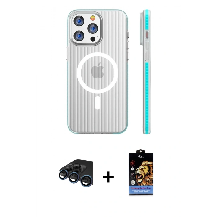 MARSİLYAN™- iPhone 15 Pro Max Kılıf Pusula Minimal Koleksiyonu - Siyah Buffer Hayalet Cam Ekran Koruyucu + Lacivert Raze Metal Kamera Lens