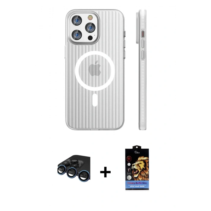 MARSİLYAN™- iPhone 15 Pro Max Kılıf Pusula Minimal Koleksiyonu - Siyah Buffer Hayalet Cam Ekran Koruyucu + Lacivert Raze Metal Kamera Lens