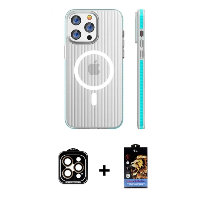 MARSİLYAN™- iPhone 15 Pro Max Kılıf Pusula Minimal Koleksiyonu - Siyah Buffer Hayalet Cam Ekran Koruyucu + Turuncu PVD Metal Kamera Lens