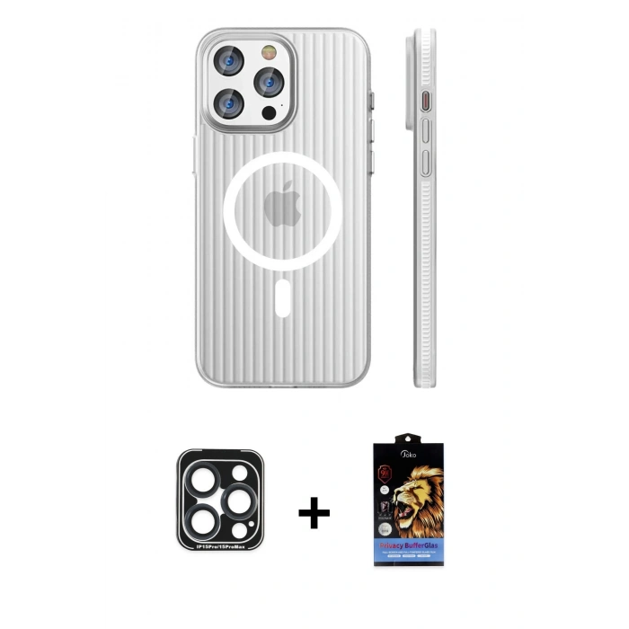 MARSİLYAN™- iPhone 15 Pro Max Kılıf Pusula Minimal Koleksiyonu - Siyah Buffer Hayalet Cam Ekran Koruyucu + PVD Metal Kamera Lens - LT
