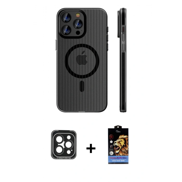 MARSİLYAN™- iPhone 15 Pro Max Kılıf Pusula Minimal Koleksiyonu - Siyah Buffer Hayalet Cam Ekran Koruyucu + PVD Metal Kamera Lens - SH