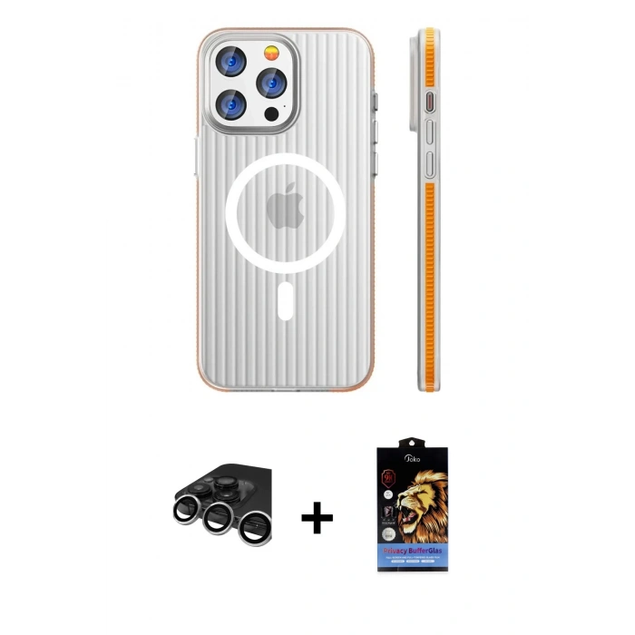 MARSİLYAN™- iPhone 15 Pro Max Kılıf Pusula Minimal Koleksiyonu - Siyah Buffer Hayalet Cam Ekran Koruyucu + Raze Metal Kamera Lens - GS