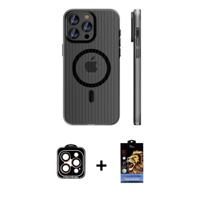 MARSİLYAN™- iPhone 15 Pro Max Kılıf Pusula Minimal Koleksiyonu - Siyah Buffer Hayalet Cam Ekran Koruyucu + Turuncu PVD Metal Kamera Lens