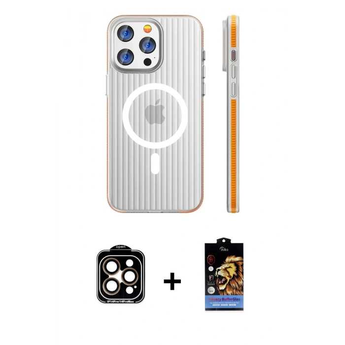 MARSİLYAN™- iPhone 15 Pro Max Kılıf Pusula Minimal Koleksiyonu - Siyah Buffer Hayalet Cam Ekran Koruyucu + Turuncu PVD Metal Kamera Lens