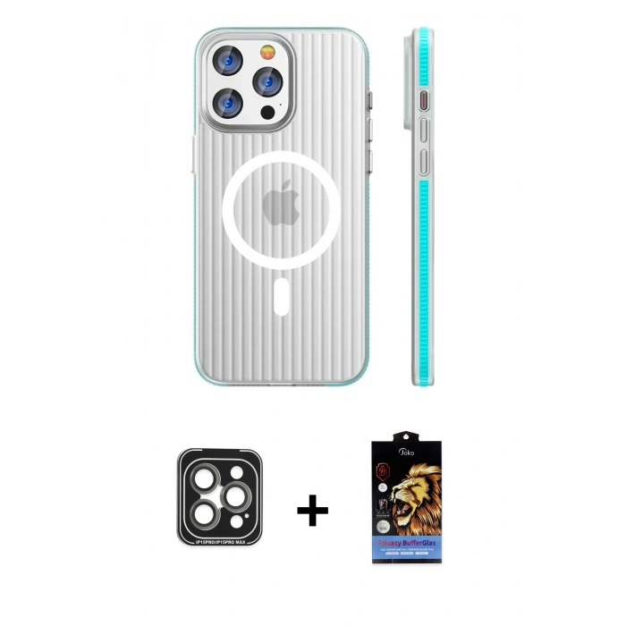 MARSİLYAN™- iPhone 15 Pro Max Kılıf Pusula Minimal Koleksiyonu - Siyah Buffer Hayalet Cam Ekran Koruyucu + Gri PVD Metal Kamera Lens