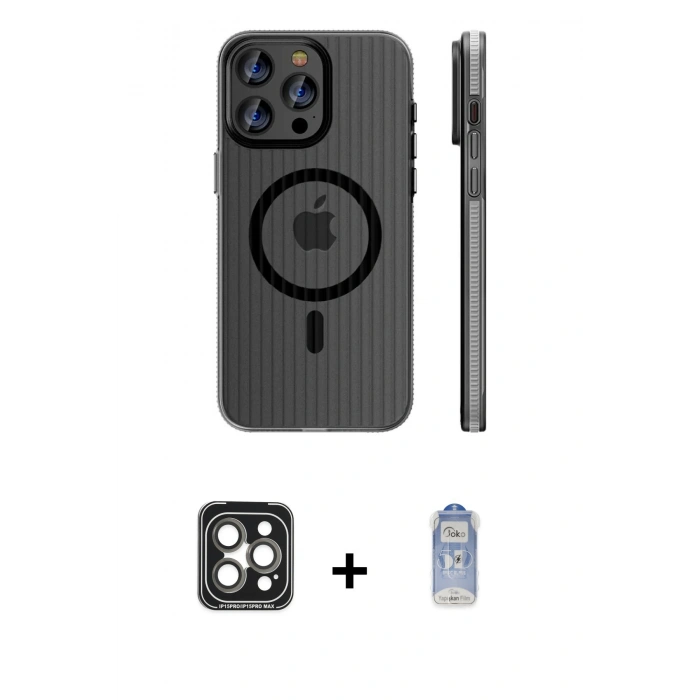 MARSİLYAN™- iPhone 15 Pro Max Kılıf Pusula Minimal Koleksiyonu - Siyah Joko Magic 5D Cam + PVD Metal Kamera Lens - GI